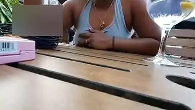 Voyuer Latina Assistant Upskirt in a Pub Beer Garden - Candid