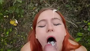Ginger stepsister gave a blowjob and got cum and pee in outdoor
