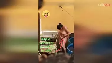 Horny Desi aunty fingering hairy pussy while bathing in a outdoor