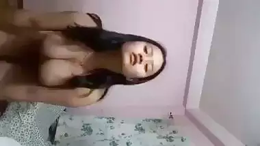 Satin nighty Nepali girl pressing big boobs