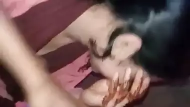 Shy girlfriend sucking dick of lover through pant zip open