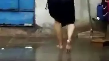 Topless matured aunty enjoying rain