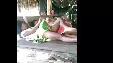 Young pair have a fun outdoor sex in a tent house on the beach