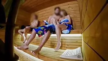 SAUNA ADVENTURE PT1: I show my hard cock to three people in the sauna